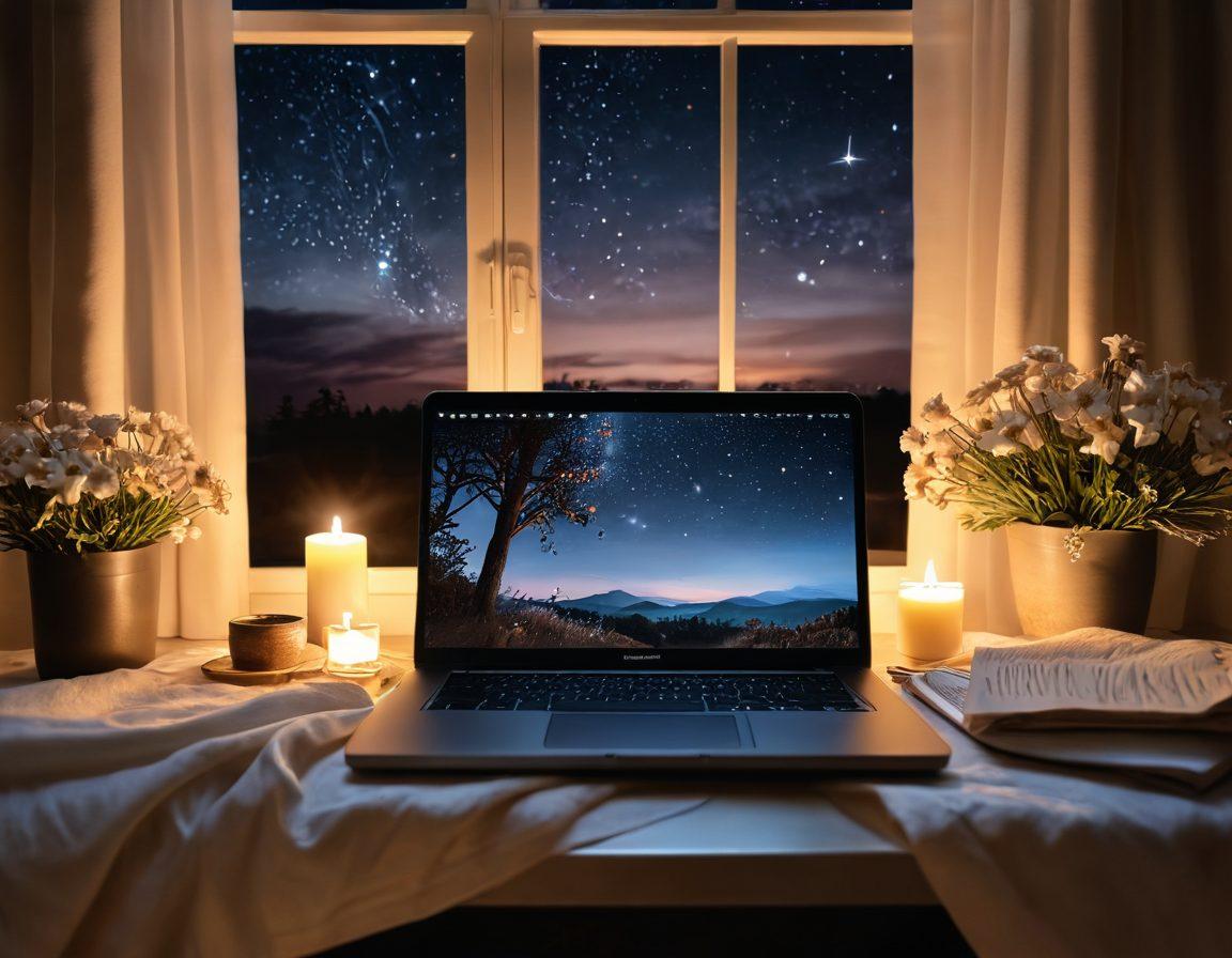 A serene and modern workspace setup featuring a laptop open to a beautiful journal entry, surrounded by soft candlelight and delicate flowers. On the screen, gentle digital graphics express intimacy and connection, while a cozy blanket invites warmth. The backdrop shows a dreamy night sky with twinkling stars visible through a window, enhancing the emotional ambiance. super-realistic. warm tones. soft focus.