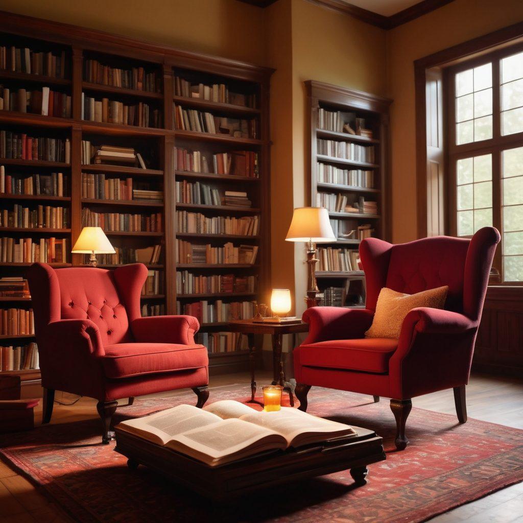 A cozy, inviting library filled with books, with soft lighting highlighting a plush armchair. A glass of red wine sits on a small table next to an open book, pages fluttering gently in a breeze. Silhouettes of diverse couples are subtly seen in the background, representing various expressions of love and intimacy. A whimsical aura of passion and curiosity envelops the scene. warm tones. soft focus. 3D.