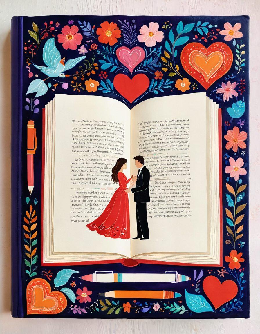 A beautifully crafted open book with elegant pages turning, revealing colorful, whimsical illustrations of diverse couples engaged in various intimate moments. Surrounding the book are symbols of sexuality and education, like heart icons, pens, and gentle floral designs, all resting on a rich, inviting background. The scene radiates warmth and curiosity. vibrant colors. painting.